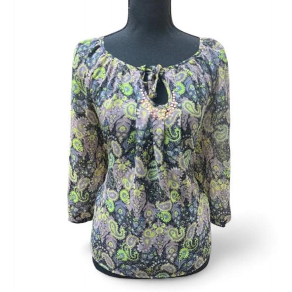 Princess Vera Wang Black Lime Paisley Peasant Blouse Keyhole Sequin Top M Medium